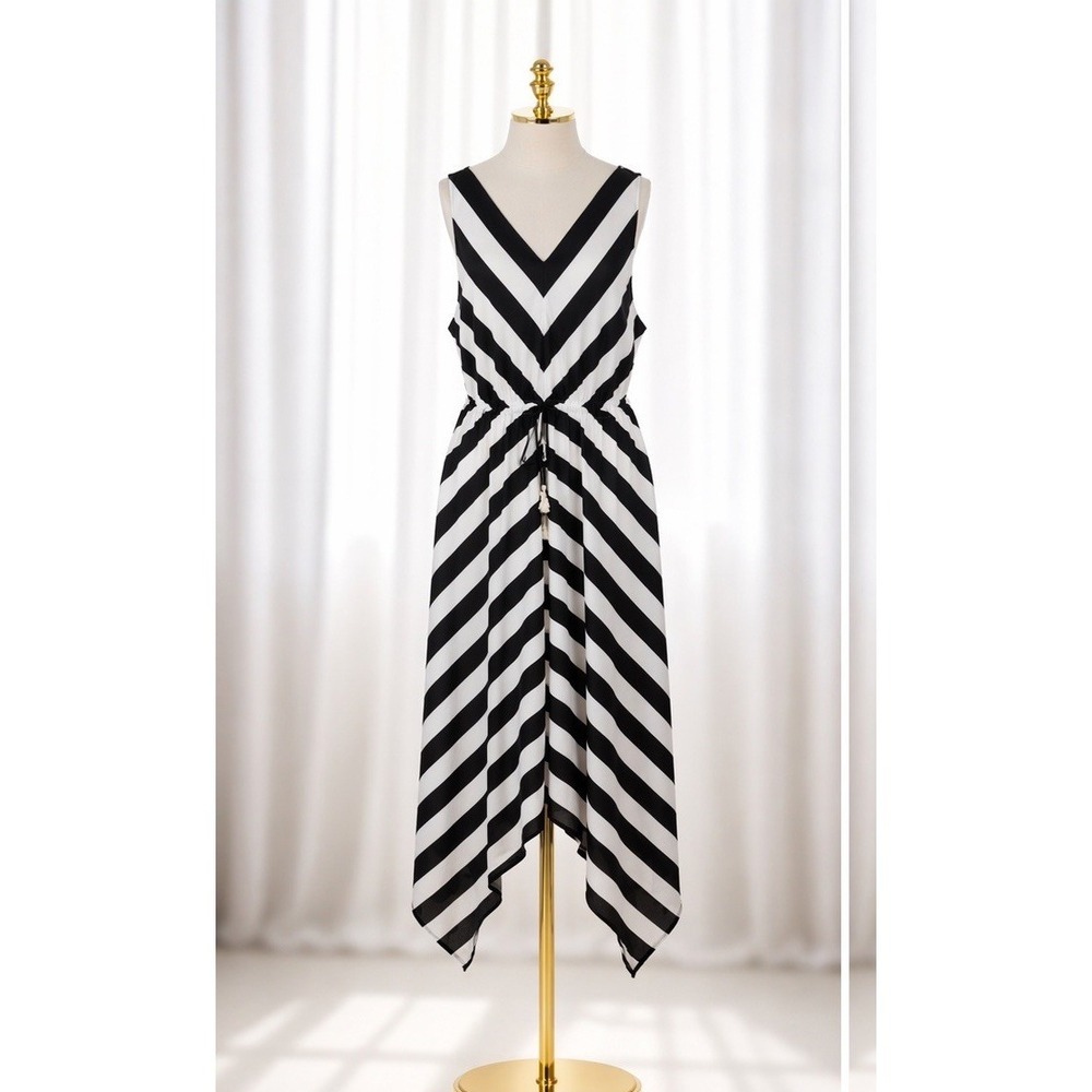 New Chicos Black Label Dress 3 XL Miter Stripe Maxi Flowy Cinch Waist